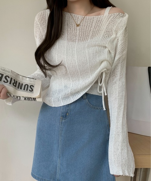 Maison Calme（メゾンカルム）の「【2点セット】サイドドロストギャザーワンショルトップス キャミ 透かし編み（Tシャツ/カットソー・レディース・ホワイト/ブラック/ピンク/グレー・F）」の6枚目の写真