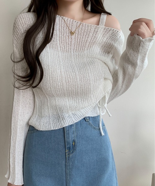 Maison Calme（メゾンカルム）の「【2点セット】サイドドロストギャザーワンショルトップス キャミ 透かし編み（Tシャツ/カットソー・レディース・ホワイト/ブラック/ピンク/グレー・F）」の7枚目の写真