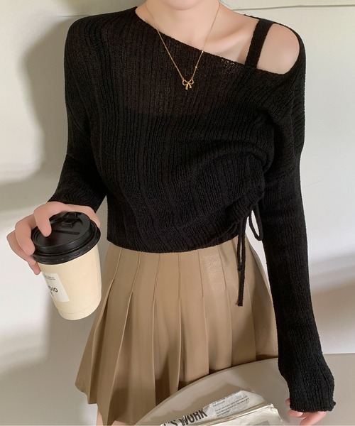 Maison Calme（メゾンカルム）の「【2点セット】サイドドロストギャザーワンショルトップス キャミ 透かし編み（Tシャツ/カットソー・レディース・ホワイト/ブラック/ピンク/グレー・F）」の11枚目の写真