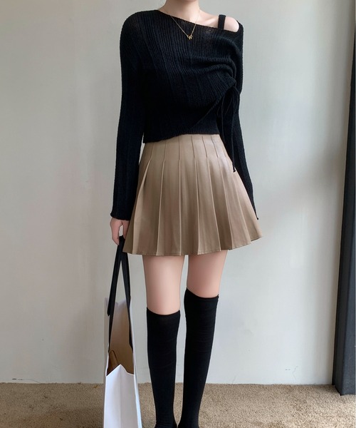 Maison Calme（メゾンカルム）の「【2点セット】サイドドロストギャザーワンショルトップス キャミ 透かし編み（Tシャツ/カットソー・レディース・ホワイト/ブラック/ピンク/グレー・F）」の9枚目の写真