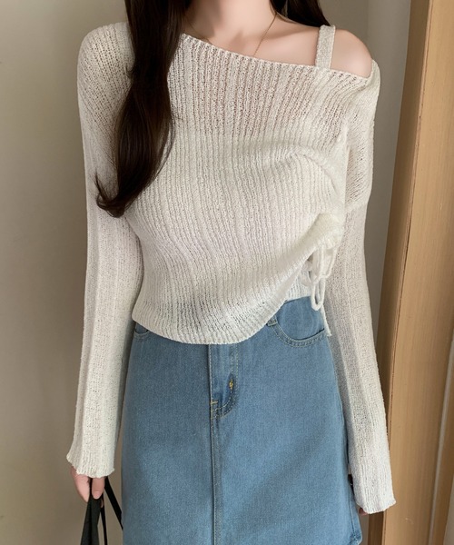 Maison Calme（メゾンカルム）の「【2点セット】サイドドロストギャザーワンショルトップス キャミ 透かし編み（Tシャツ/カットソー・レディース・ホワイト/ブラック/ピンク/グレー・F）」の14枚目の写真