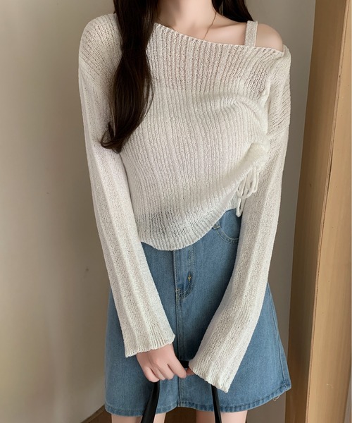 Maison Calme（メゾンカルム）の「【2点セット】サイドドロストギャザーワンショルトップス キャミ 透かし編み（Tシャツ/カットソー・レディース・ホワイト/ブラック/ピンク/グレー・F）」の15枚目の写真