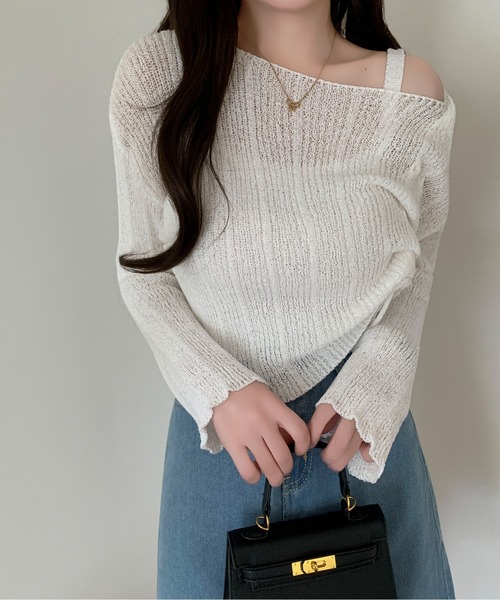 Maison Calme（メゾンカルム）の「【2点セット】サイドドロストギャザーワンショルトップス キャミ 透かし編み（Tシャツ/カットソー・レディース・ホワイト/ブラック/ピンク/グレー・F）」の16枚目の写真