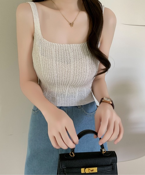 Maison Calme（メゾンカルム）の「【2点セット】サイドドロストギャザーワンショルトップス キャミ 透かし編み（Tシャツ/カットソー・レディース・ホワイト/ブラック/ピンク/グレー・F）」の13枚目の写真