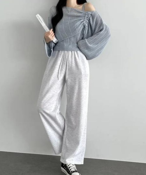 Maison Calme（メゾンカルム）の「【2点セット】サイドドロストギャザーワンショルトップス キャミ 透かし編み（Tシャツ/カットソー・レディース・ホワイト/ブラック/ピンク/グレー・F）」の22枚目の写真