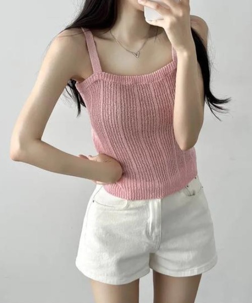 Maison Calme（メゾンカルム）の「【2点セット】サイドドロストギャザーワンショルトップス キャミ 透かし編み（Tシャツ/カットソー・レディース・ホワイト/ブラック/ピンク/グレー・F）」の18枚目の写真