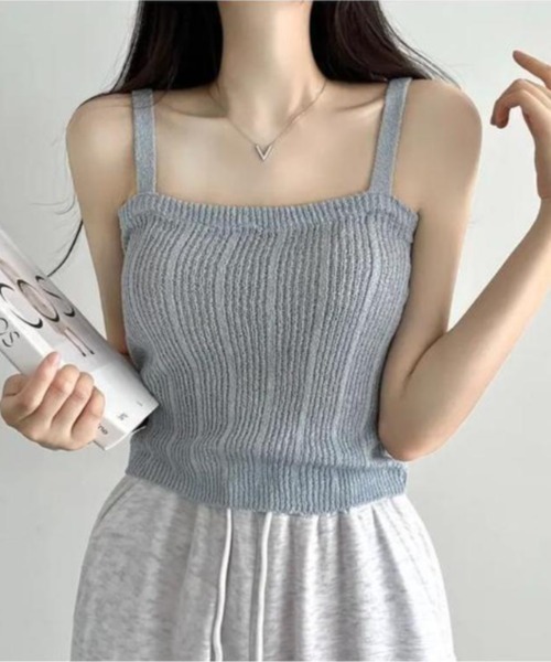 Maison Calme（メゾンカルム）の「【2点セット】サイドドロストギャザーワンショルトップス キャミ 透かし編み（Tシャツ/カットソー・レディース・ホワイト/ブラック/ピンク/グレー・F）」の20枚目の写真
