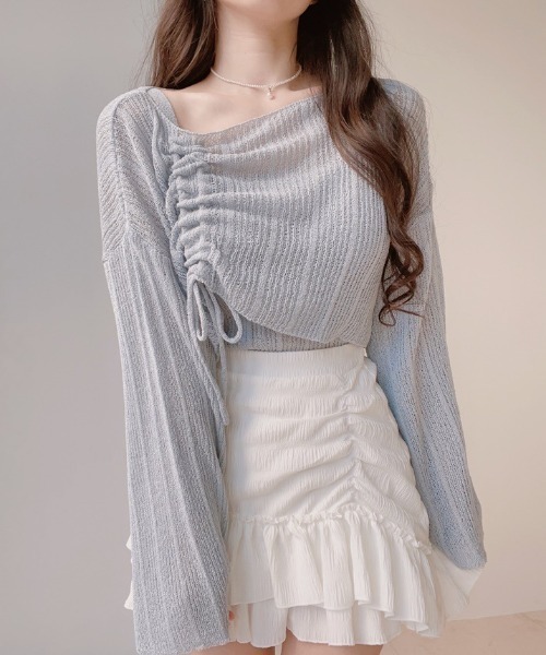 Maison Calme（メゾンカルム）の「【2点セット】サイドドロストギャザーワンショルトップス キャミ 透かし編み（Tシャツ/カットソー・レディース・ホワイト/ブラック/ピンク/グレー・F）」の19枚目の写真