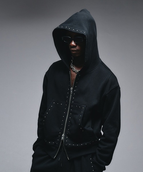 アンダーハンク スタッズデザインジップアップパーカー ブラック S セール】Studs Design Zip-up Parker / スタッズデザインジップアップ