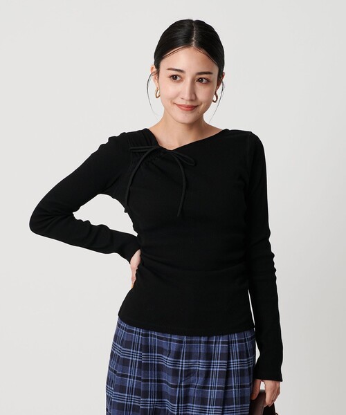 BEAUTY&YOUTH UNITED ARROWS（ビューティーアンドユースユナイテッドアローズ）の「コットンリブ リボンギャザーカットソー（Tシャツ/カットソー・レディース・ダークブラウン/オフホワイト/ブラック・FREE）」の3枚目の写真