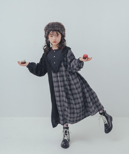 unica（ユニカ）の「2ピースモノトーンチェック柄ワンピース（ワンピース・キッズ・ブラック/オフホワイト・M/L/XL/S）」の2枚目の写真