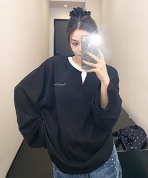 Dalfwin（ダールフィン）の「韓国ファッション レイヤード風デザイン刺繍ロゴヘンリーネック長袖Tシャツ（Tシャツ/カットソー・メンズ）」