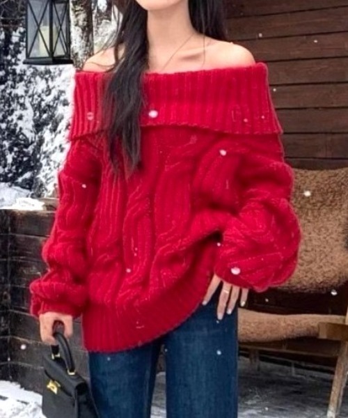 セール】ざっくりケーブル編みオフショルニットプルオーバー（ニット