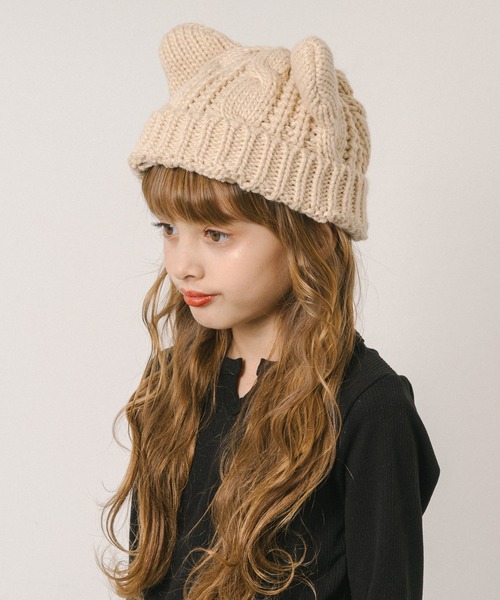 URBAN CHERRY（アーバンチェリー）の「猫耳ニット帽（ニットキャップ/ビーニー・キッズ・ベージュ/ブラック・FREE）」の2枚目の写真