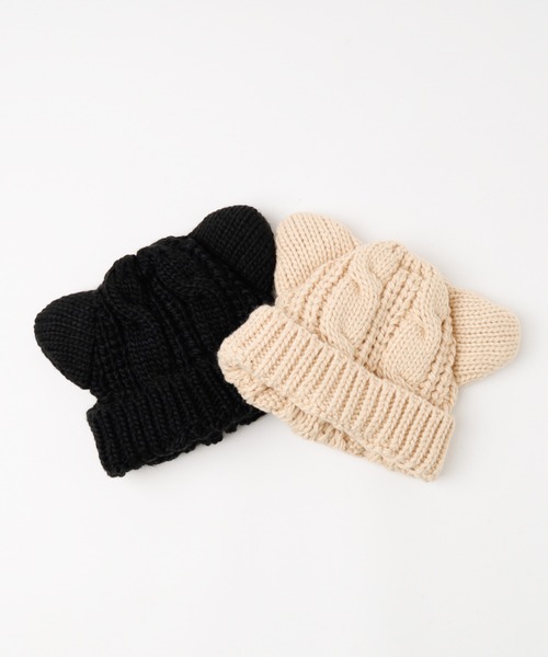 URBAN CHERRY（アーバンチェリー）の「猫耳ニット帽（ニットキャップ/ビーニー・キッズ・ベージュ/ブラック・FREE）」の11枚目の写真