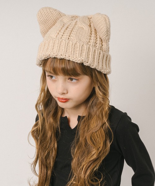 URBAN CHERRY（アーバンチェリー）の「猫耳ニット帽（ニットキャップ/ビーニー・キッズ・ベージュ/ブラック・FREE）」の12枚目の写真