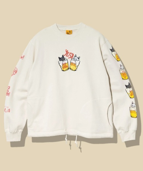 go slow caravan（ゴースローキャラバン）の「空紡糸裏毛 猫と麦酒 ヘムスピンドル クルースウェット（スウェット・メンズ・アイボリー/ブラック・SMALL/MEDIUM/LARGE/X-LARGE）」の2枚目の写真