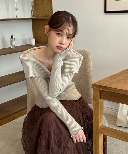 着用動画あり・4色展開】フリルオフショルダーニット（ニット/セーター