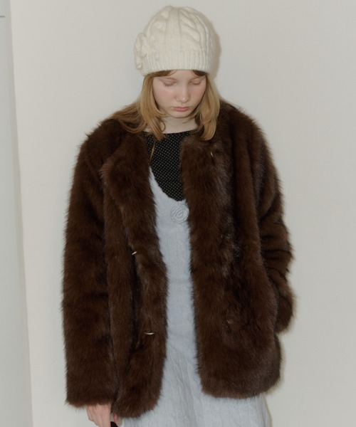 カラーレススムースファーコート セール】collarless smooth fur coat / カラーレススムースファー