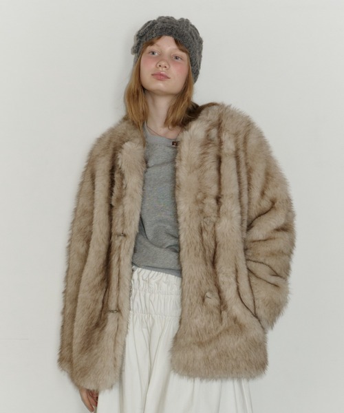 カラーレススムースファーコート セール】collarless smooth fur coat / カラーレススムースファー