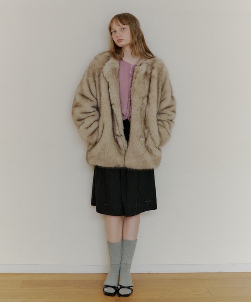 セール】collarless smooth fur coat / カラーレススムースファー
