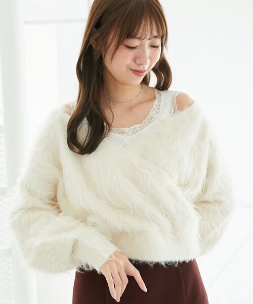 MAJESTIC LEGON(マジェスティックレゴン)の「ふわふわカシュクールニット(ニット/セーター・レディース・ブラック/アイボリー/ピンク/ライトグレー・MEDIUM)」の8枚目の写真