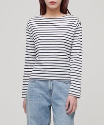 ウィメンズストライプボートネック長袖Tシャツ[アイボリー/ネイビー]
