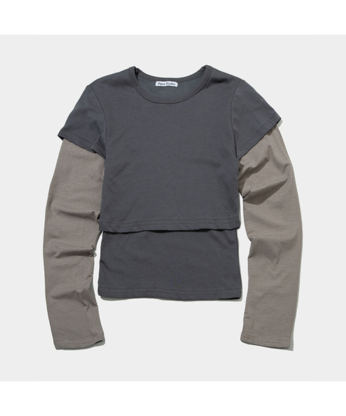 PLACE STUDIO(プレイススタジオ)の「リングカラー配色メッシュレイヤードグラフィックセミクロップTシャツ _ 2COLOR(Tシャツ/カットソー・レディース・チャコール/ブラック・FREE)」の1枚目の写真