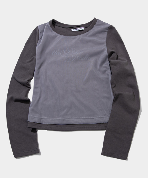 PLACE STUDIO(プレイススタジオ)の「リングカラー配色メッシュレイヤードグラフィックセミクロップTシャツ _ 2COLOR(Tシャツ/カットソー・レディース・チャコール/ブラック・FREE)」の3枚目の写真