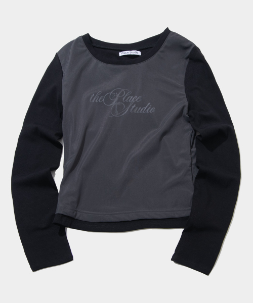 PLACE STUDIO(プレイススタジオ)の「リングカラー配色メッシュレイヤードグラフィックセミクロップTシャツ _ 2COLOR(Tシャツ/カットソー・レディース・チャコール/ブラック・FREE)」の4枚目の写真