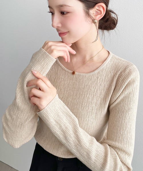 moment+(モーメントプラス)の「クルーネックランダムリブニットプルオーバー(ニット/セーター・レディース・アイボリー/ブラウン/ブラック/チャコールグレー/ナチュラル/杢グレー/ボルドー・M)」の6枚目の写真