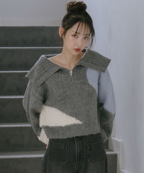 ジェシーニット　上海 セール】ハーフZIPインターシャニットプルオーバー（ニット