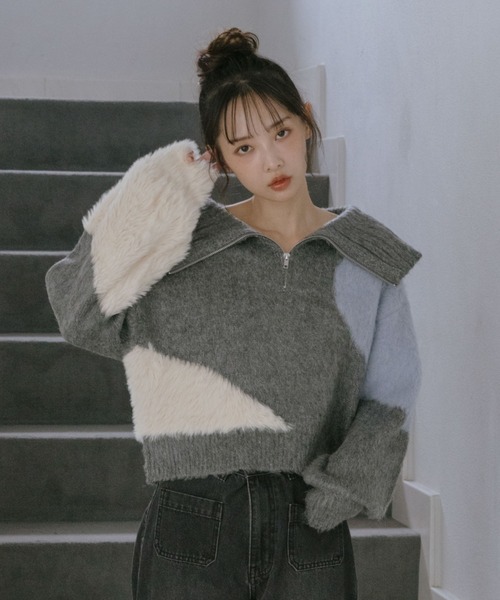 archives（アルシーヴ）の「ハーフＺＩＰインターシャニットプルオーバー（ニット/セーター・レディース・アイボリー/グレー/ブラウン・MEDIUM）」の4枚目の写真