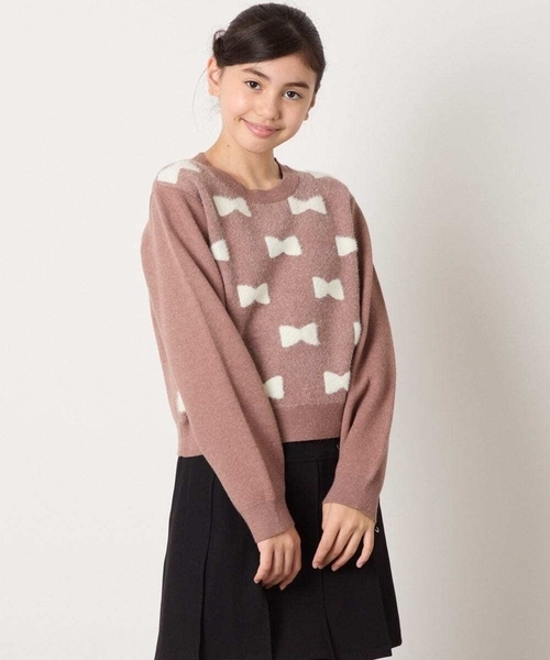 a.v.v（アーヴェヴェ）の「[120-160]【肌触りの良いもっちり素材/フェザーヤーンリボン/クロップド丈】リボンジャガードニット（ニット/セーター・キッズ・ダークインディゴブルー/ブラウン/ライトグレー・120/150/140/160/130）」の18枚目の写真