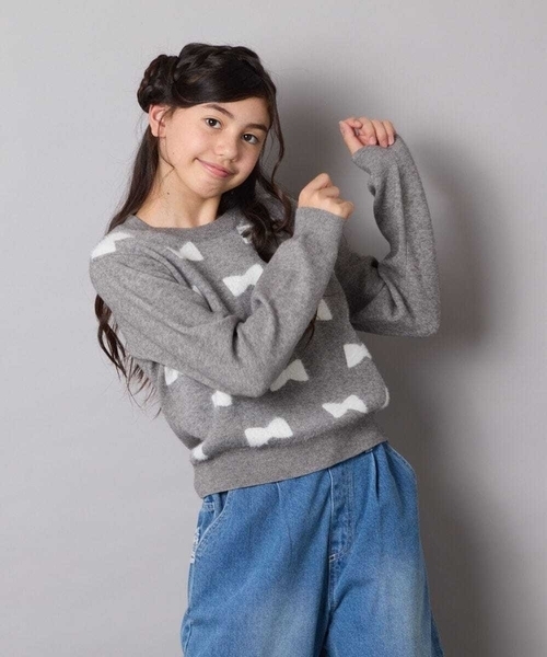 a.v.v（アーヴェヴェ）の「[120-160]【肌触りの良いもっちり素材/フェザーヤーンリボン/クロップド丈】リボンジャガードニット（ニット/セーター・キッズ・ダークインディゴブルー/ブラウン/ライトグレー・120/150/140/160/130）」の13枚目の写真