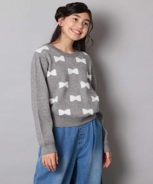 a.v.v（アーヴェヴェ）の「[120-160]【肌触りの良いもっちり素材/フェザーヤーンリボン/クロップド丈】リボンジャガードニット（ニット/セーター・キッズ・ダークインディゴブルー/ブラウン/ライトグレー・120/150/140/160/130）」の14枚目の写真