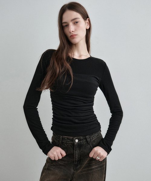 MONGDOL(モンドル)の「チューブトップシャーリングレイヤードTシャツブラック MDTS083BLACK(Tシャツ/カットソー・レディース・その他・F)」の2枚目の写真