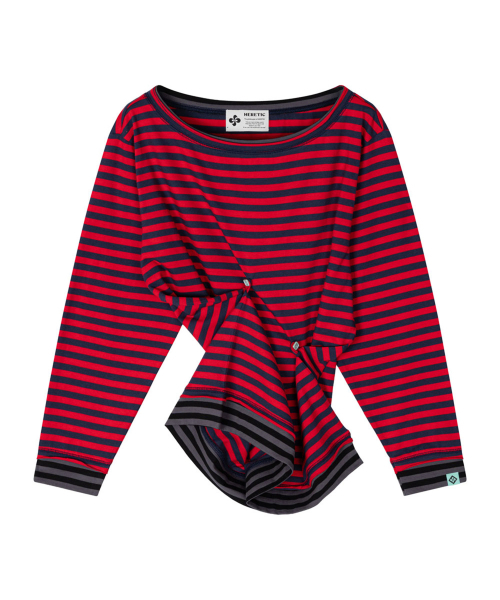 BUTTON STRIPE RAW EDGE T-SHIRT / red