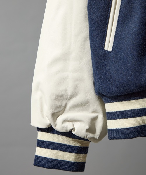 BUTWIN（バトウィン）の「【BUTWIN / バトウィン】ウール×レザーコンビスタンジャン（スタジャン・メンズ・ブラック/ネイビー・M/L/XL/S）」の4枚目の写真