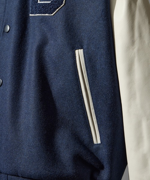 BUTWIN（バトウィン）の「【BUTWIN / バトウィン】ウール×レザーコンビスタンジャン（スタジャン・メンズ・ブラック/ネイビー・M/L/XL/S）」の3枚目の写真
