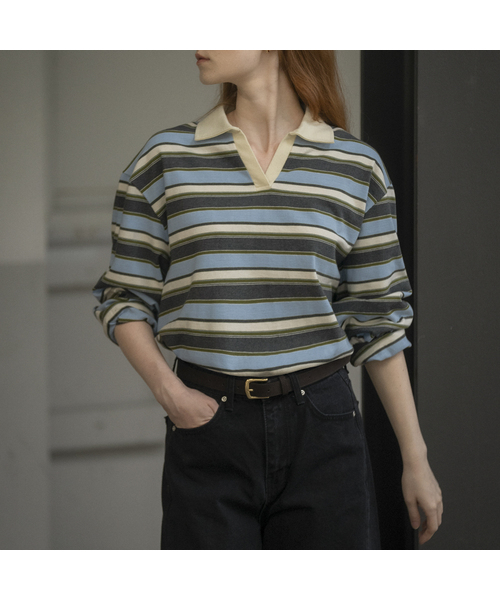 KNOWNBETTER（ノウンベター）の「Stripe overfit collar longsleeve T-shirt [KNFW03TS07]_[3color]（Tシャツ/カットソー・レディース・ネイビー/ブルー/PINK/スカイブルー・FREE）」の2枚目の写真