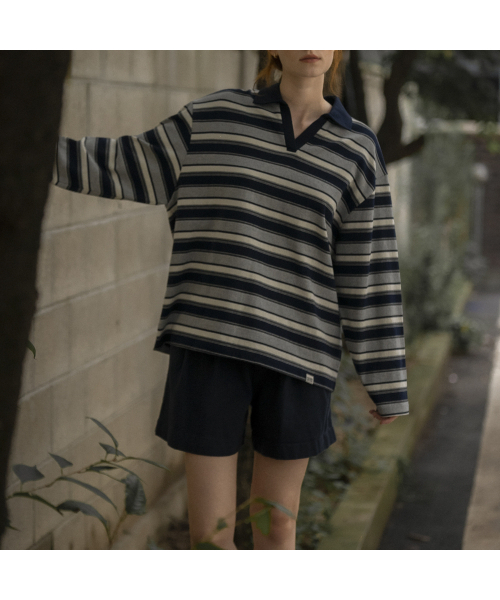 KNOWNBETTER（ノウンベター）の「Stripe overfit collar longsleeve T-shirt [KNFW03TS07]_[3color]（Tシャツ/カットソー・レディース・ネイビー/ブルー/PINK/スカイブルー・FREE）」の9枚目の写真