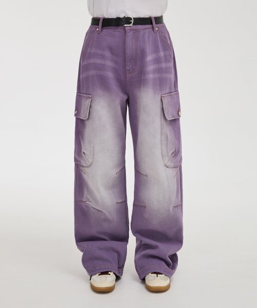 セール】パラシュートカーゴウォッシュドデニムパンツパープル（デニム