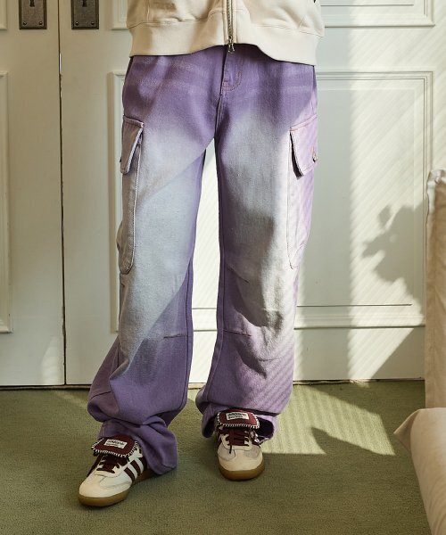 セール】パラシュートカーゴウォッシュドデニムパンツパープル（デニム