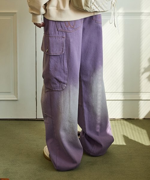 セール】パラシュートカーゴウォッシュドデニムパンツパープル（デニム