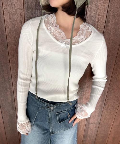 SANSeLF(サンセルフ)の「【SANSeLF】レースレイヤードトップス saw25a067(Tシャツ/カットソー・レディース・ブラック/ホワイト・FREE)」の4枚目の写真