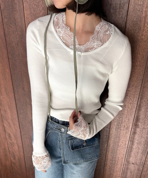 SANSeLF(サンセルフ)の「【SANSeLF】レースレイヤードトップス saw25a067(Tシャツ/カットソー・レディース・ブラック/ホワイト・FREE)」の5枚目の写真