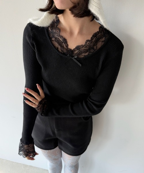SANSeLF(サンセルフ)の「【SANSeLF】レースレイヤードトップス saw25a067(Tシャツ/カットソー・レディース・ブラック/ホワイト・FREE)」の8枚目の写真