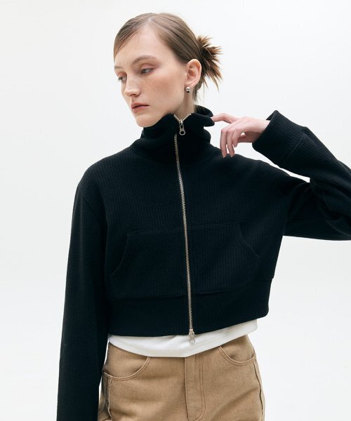 LX APPLIQUE RIBBED ZIP UP(BLACK)