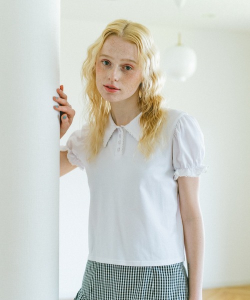 idem（イデム）の「lace piping polo shirt / レースデザインポロシャツ（ポロシャツ・レディース・ネイビー/アイボリー・FREE）」の3枚目の写真